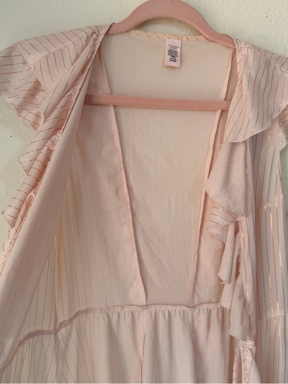 Victoria’s Secret Blush Pink Sheer Ruffle Robe Stripe Tie Front Coquette Fairy S - Picture 15 of 15